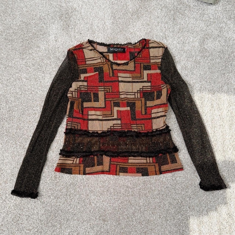 Vintage 90s Mesh Beaded Long Sleeve Abstract Print Top/ Best for size Small
